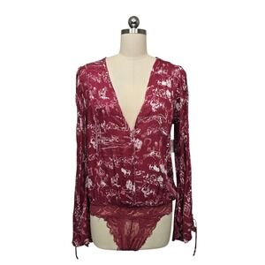NWT Intimately Free People Rustic Equestrian Western Print Bodysuit V Neck Red